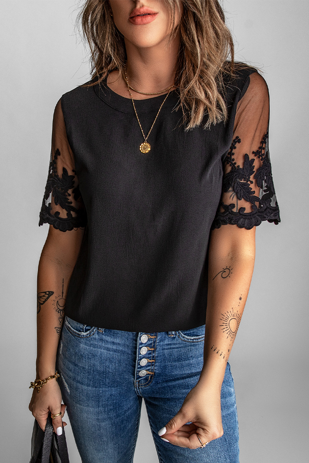 Dropshipping Black Sheer FLOWER Lace Short Sleeve Summer Top