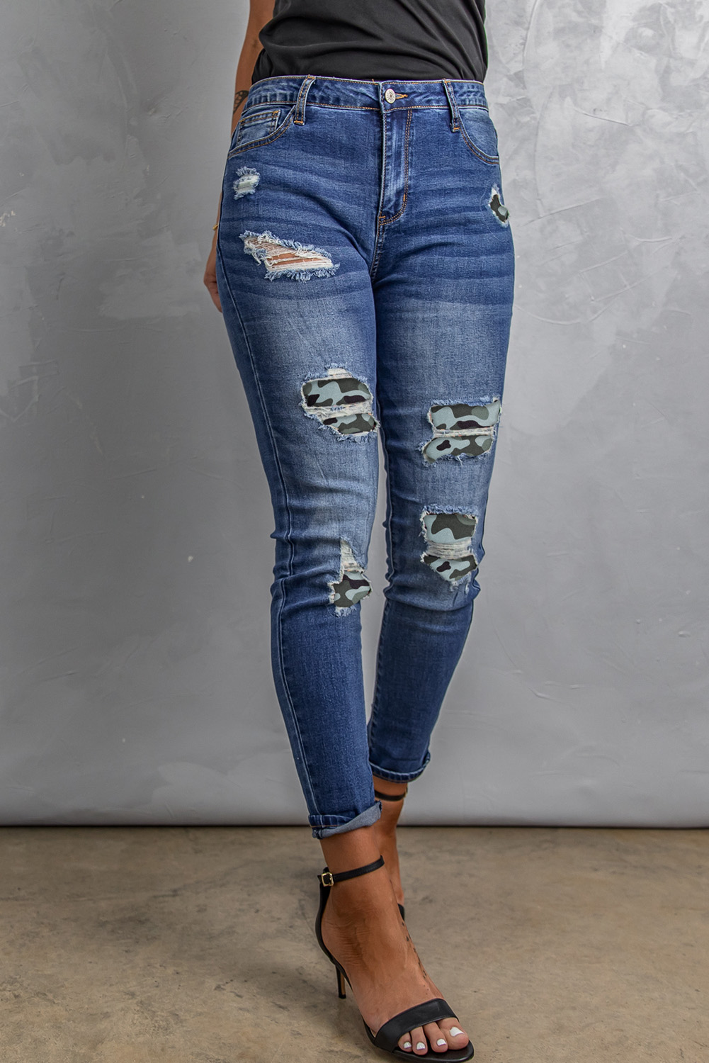 Wholesale Blue Ripped Camo Patch SKINNY JEANS