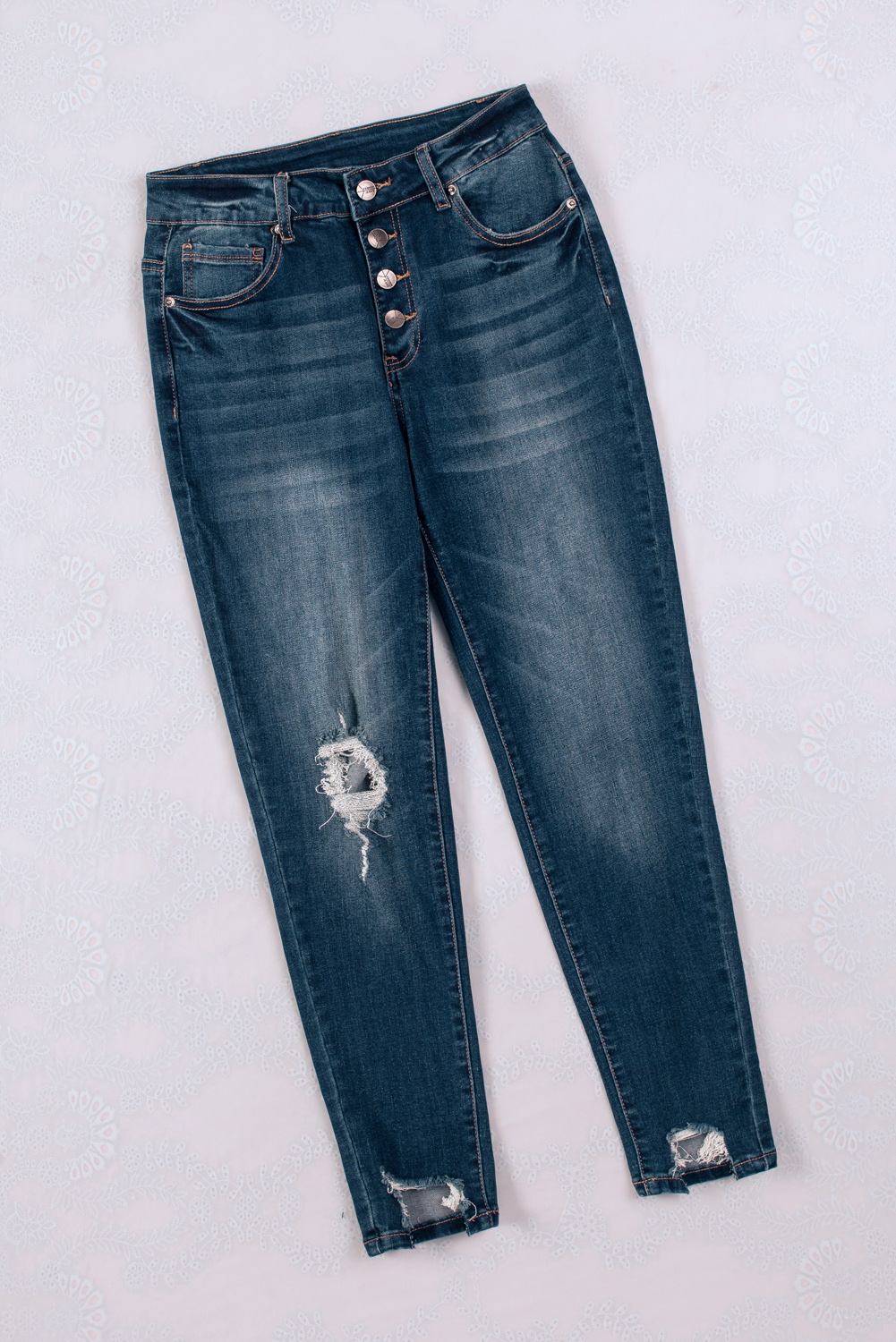 Wholesale Dark Blue Buttons Ripped Fit Ankle High Waist SKINNY JEANS