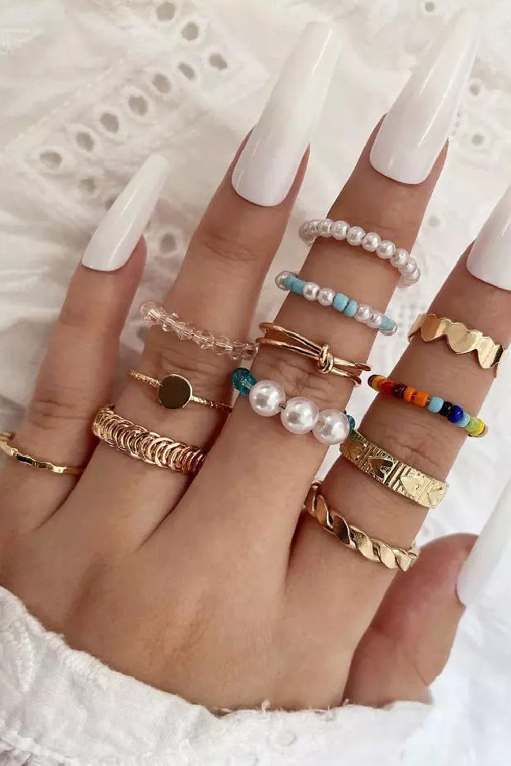 Dropshipping Multicolor 12Pcs BEADS Pearl Twist Knuckle Ring Set 