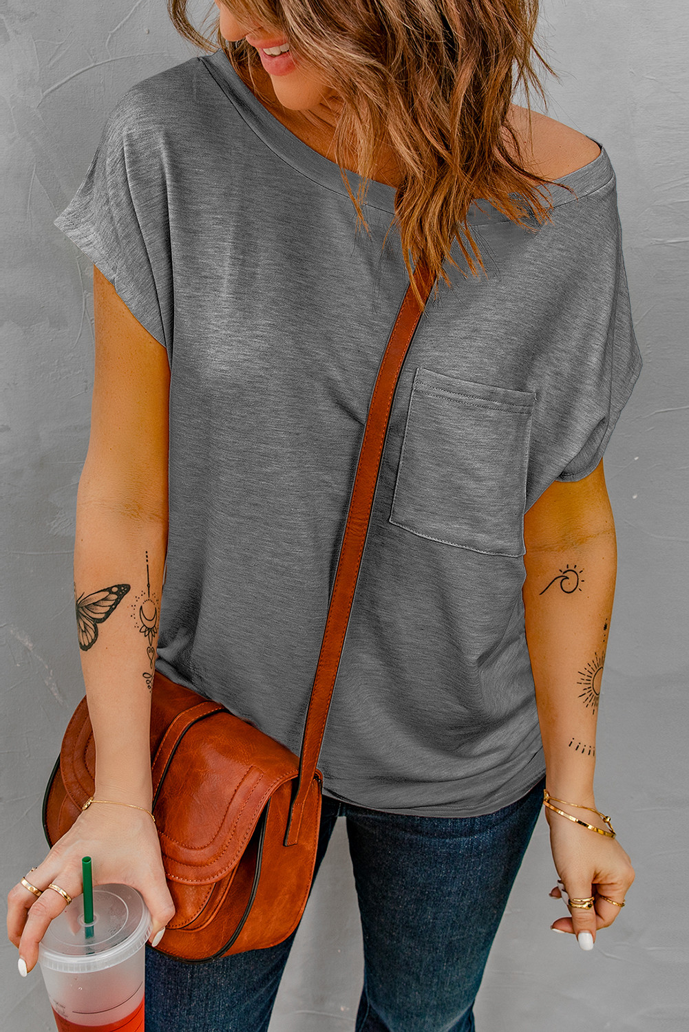 Chest Pocket Cap Sleeve Casual T Shirt for Women