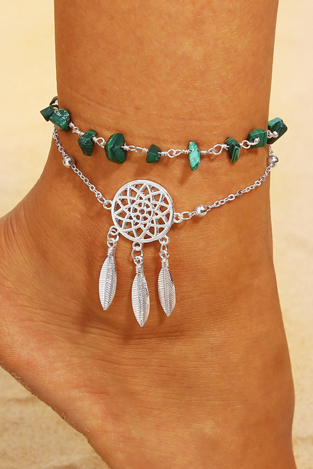 New arrivals 2023 Silver Boho Cutout DREAM CATCHER Irregular Turquoise Anklet