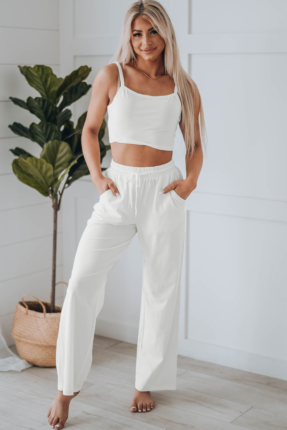 Dropshipping White Casual Cropped Cami Top & High Waist PANTS Set