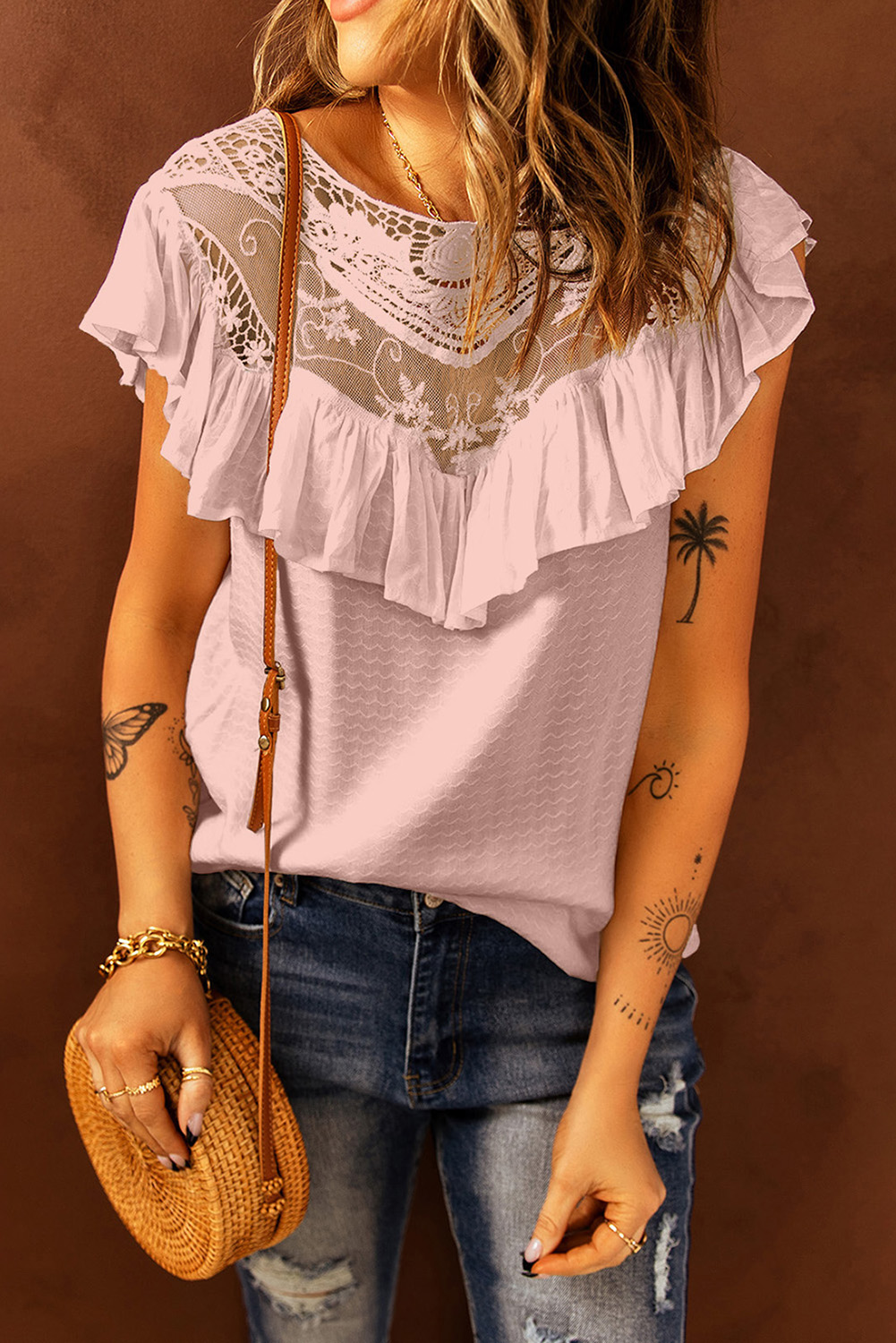 New arrivals 2023 Pink Lace Splicing Ruffled Short Sleeve T-SHIRT