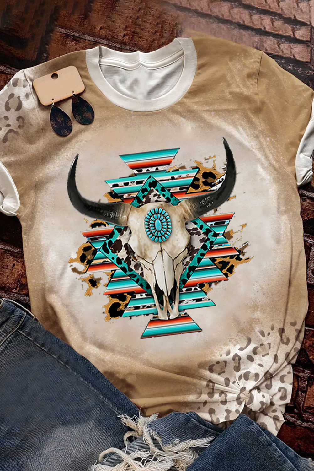 Khaki Western Aztec Steer Head Leopard Print Crewneck Graphic Tee