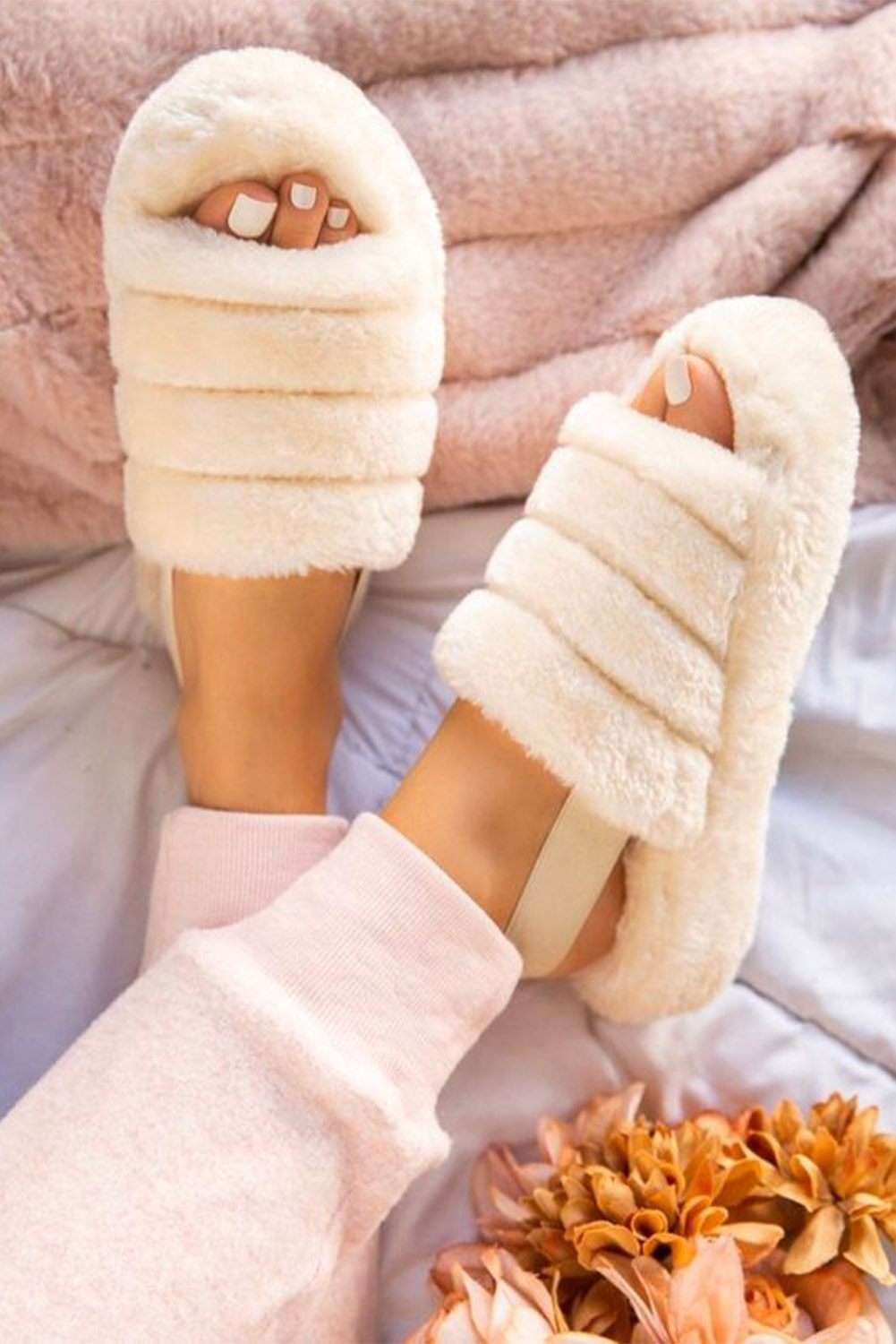 Dropshipping Apricot Plush Casual Flat Slides SLIPPERS 
