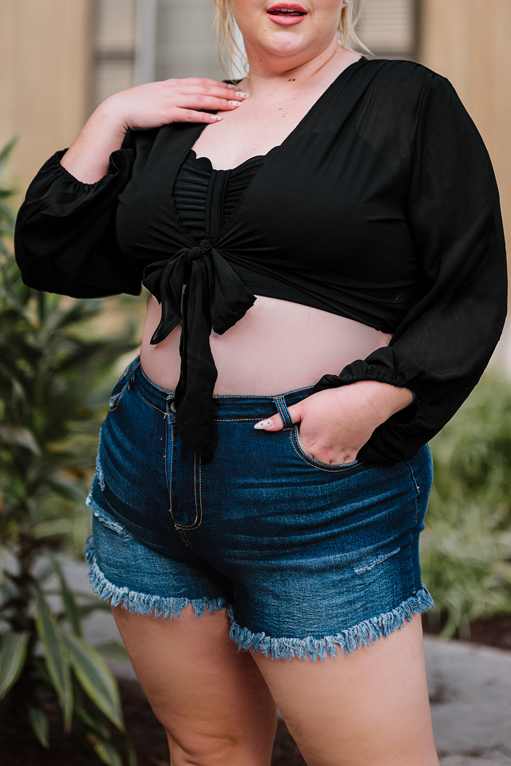 Dropshipping Black BALLOON Sleeve Tie Front Wrap Plus Size Crop Top