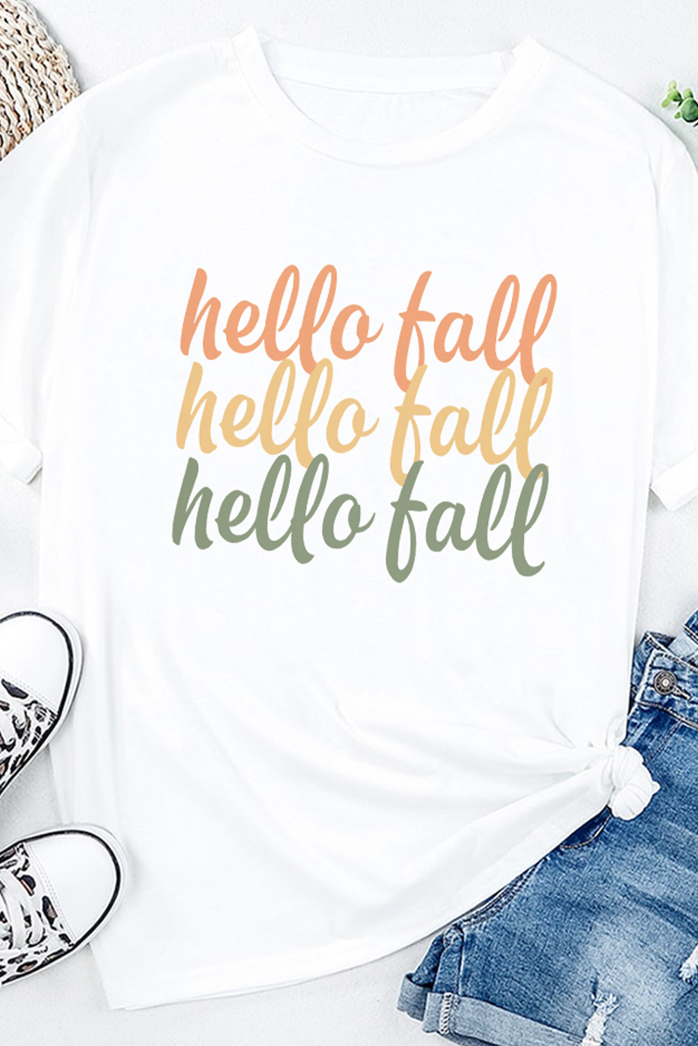 Shewin Wholesale NEW arrival White Hello Fall Letter Print Casual Graphic Tee