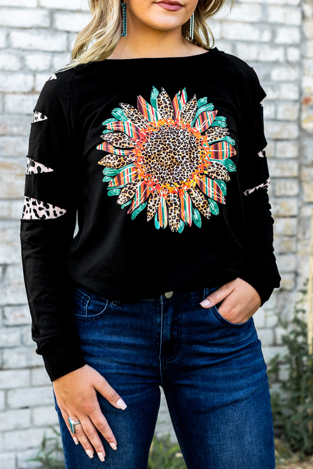 Wholesale Ripped Sleeve Serape Leopard Sunflower WESTERN Graphic Sweatshirt 