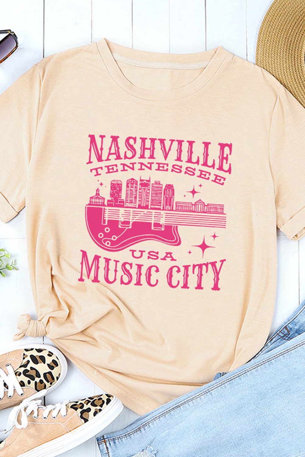 New arrivals 2023 Khaki Nashville MUSIC City Print Casual Graphic Tee