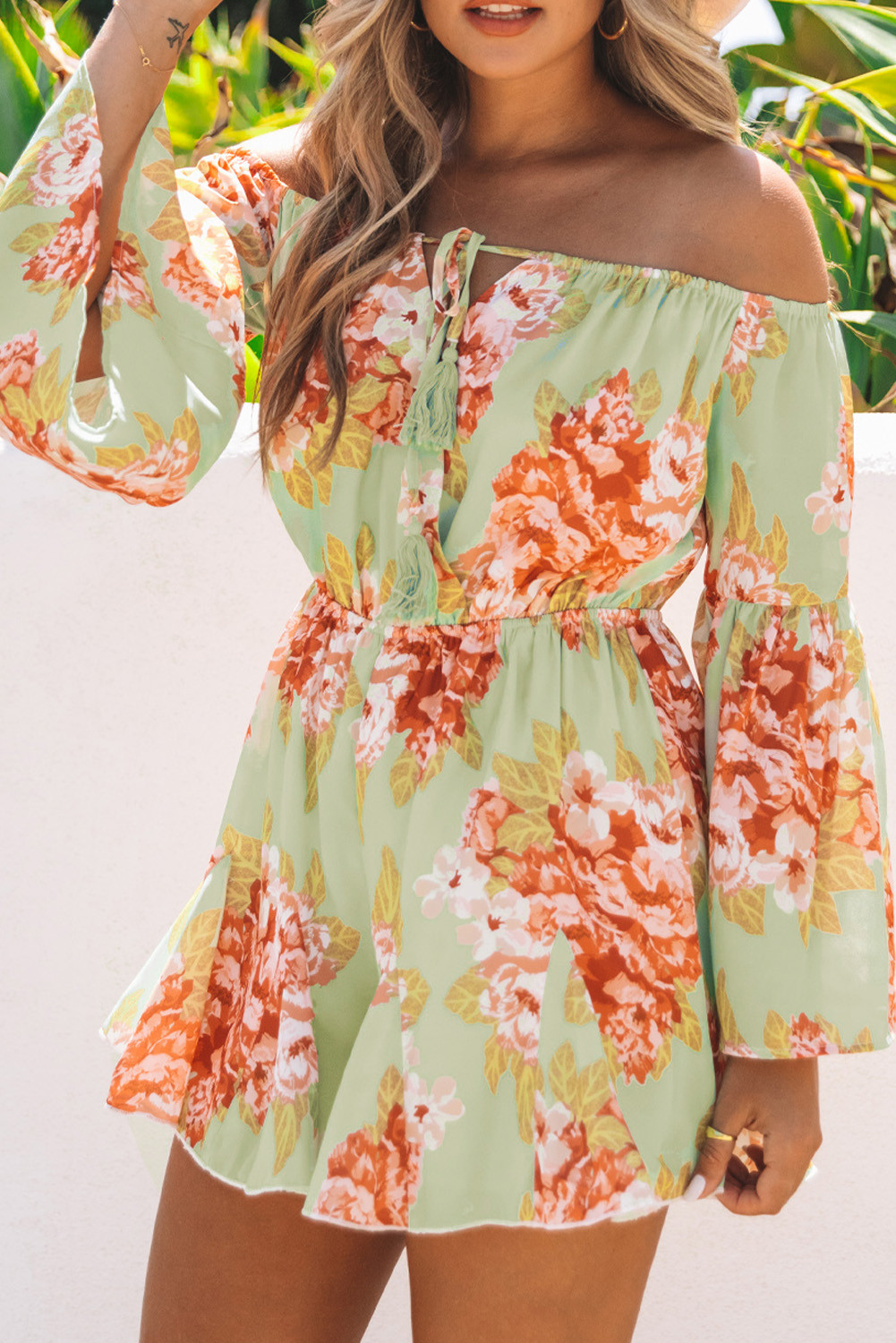 Green Boho Floral Tie Front Flounce Sleeve Off Shouder Romper