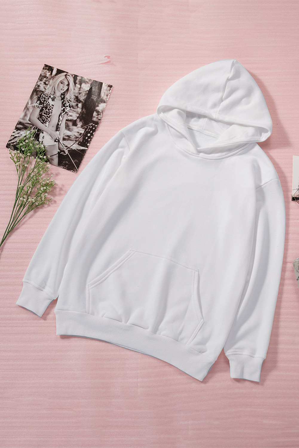 White Casual Loose Kangaroo Pocket Hoodie