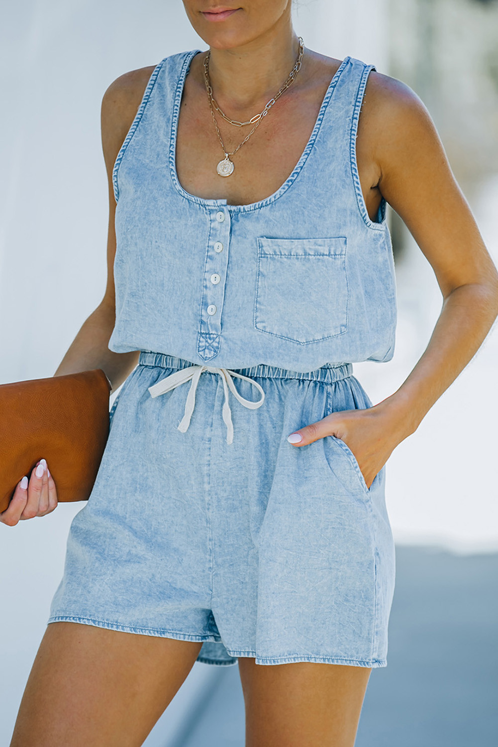 Light Blue Drawstring Pockets Sleeveless High Waist Denim Romper