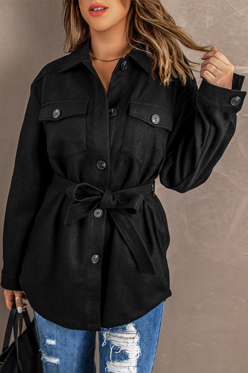 Wholesale Black Lapel Button Up COAT with Chest Pockets 