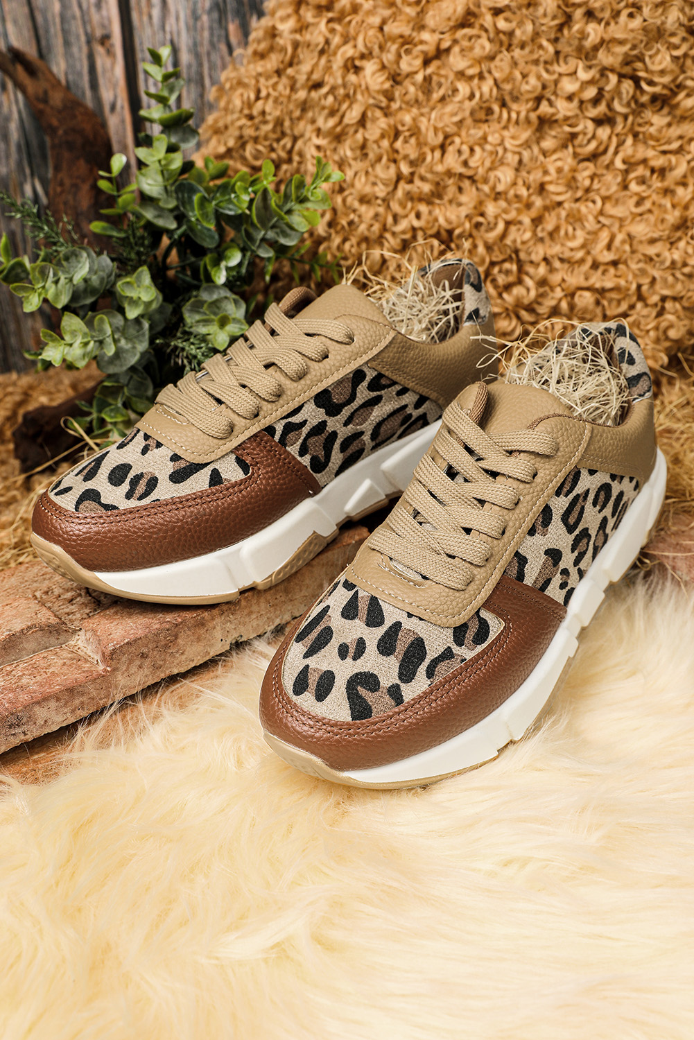 Wholesale Leopard Faux LEATHER Color Block Lace Up Sneakers 