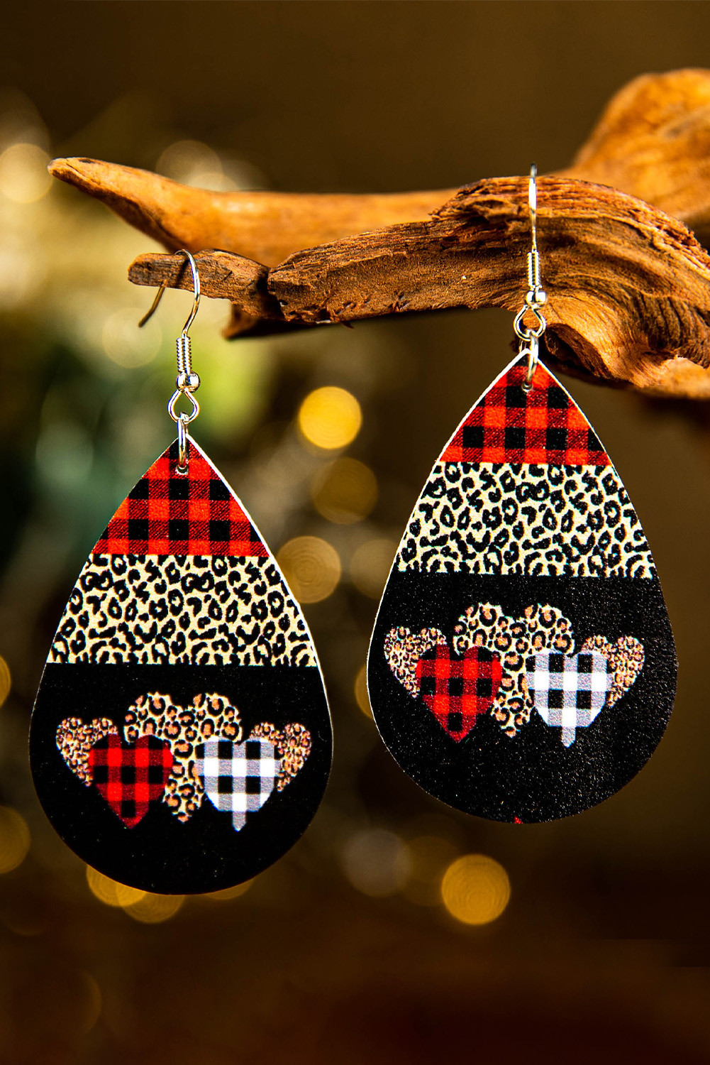 Plaid Leopard Print PU Leather Tear Drop Earrings