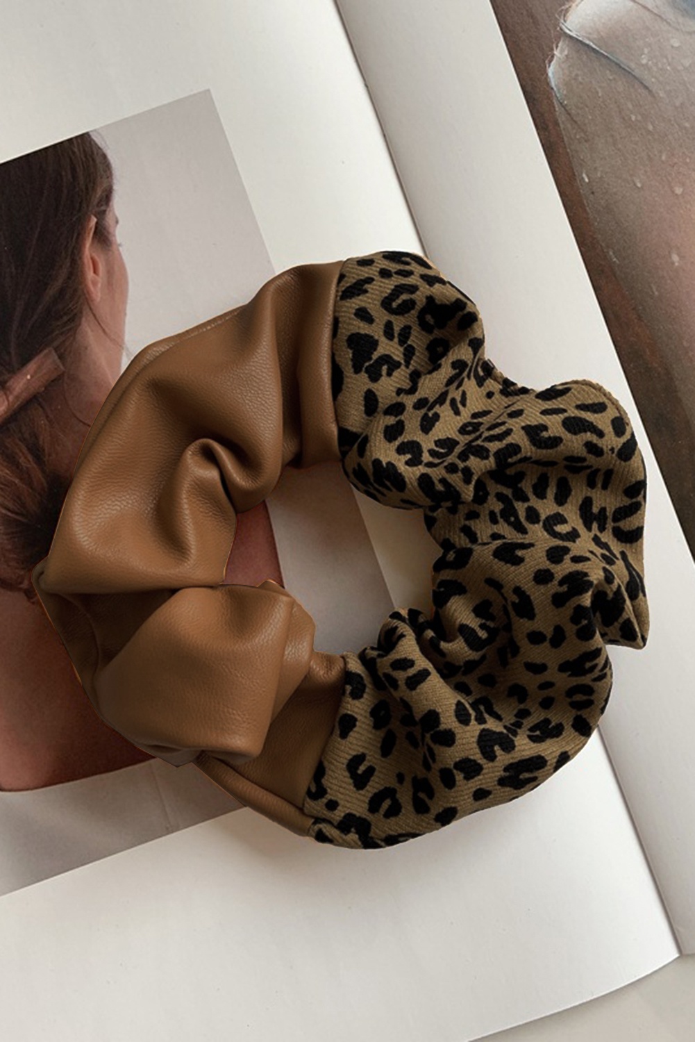 New arrivals 2023 Brown PU Leather Leopard Patchwork Hair TIE