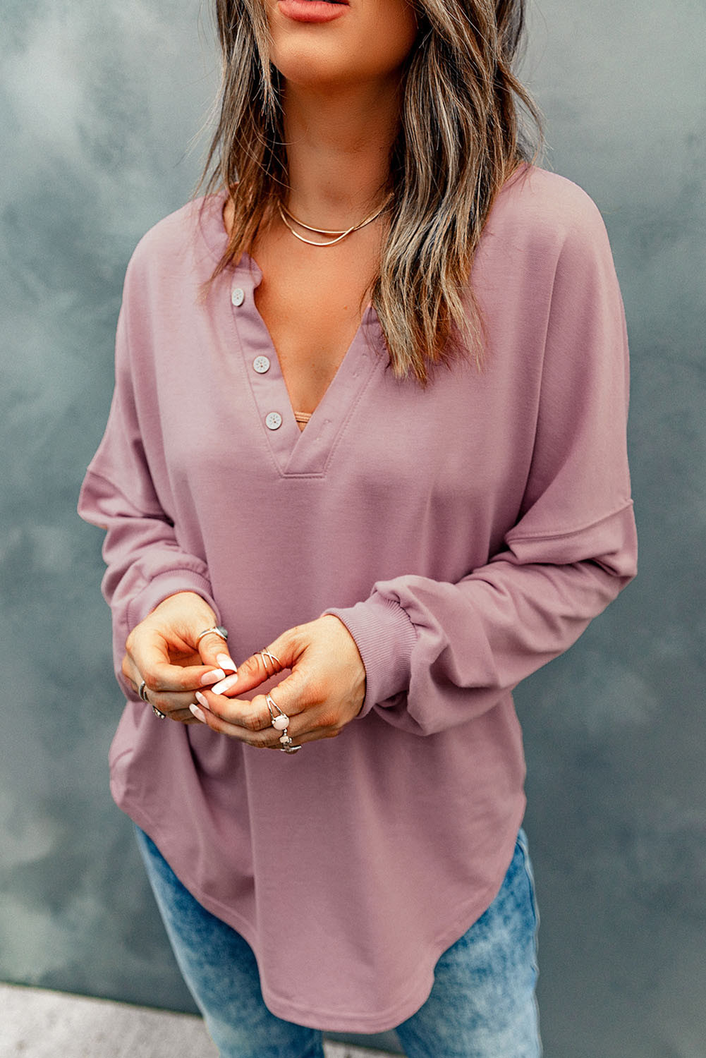 Pink Buttoned V Neck Loose Fit Top