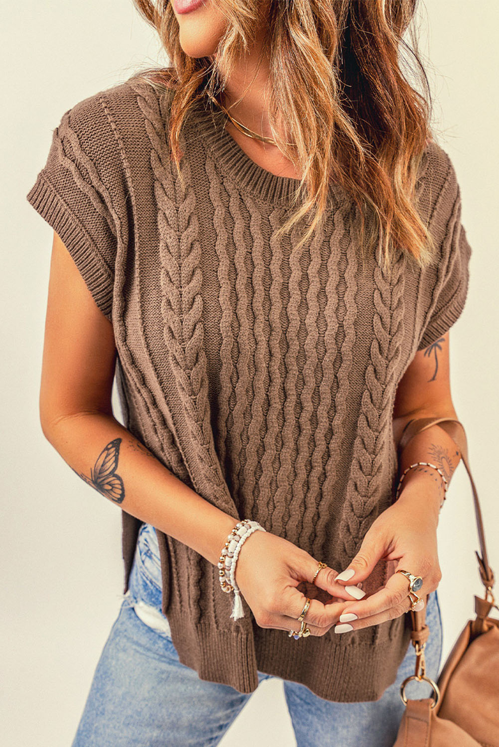Dropshipping Brown Side Slits Cable Knit Sweater VEST for Women