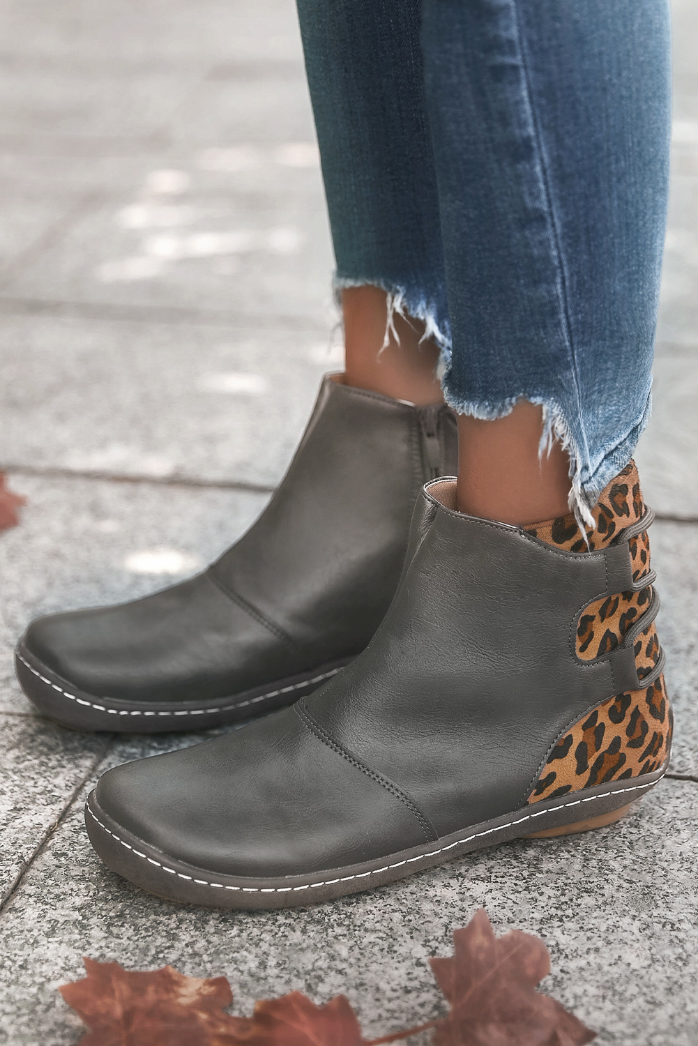 Dropshipping Grey Vintage Leather Leopard Mixed Western Ankle BOOTS