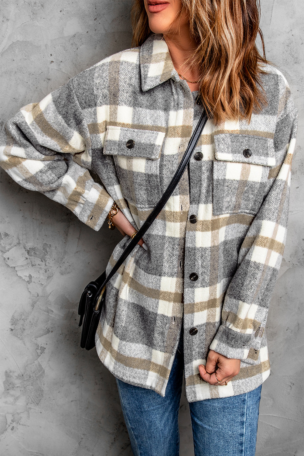 Brown Plaid Print Casual Pocket Jacket