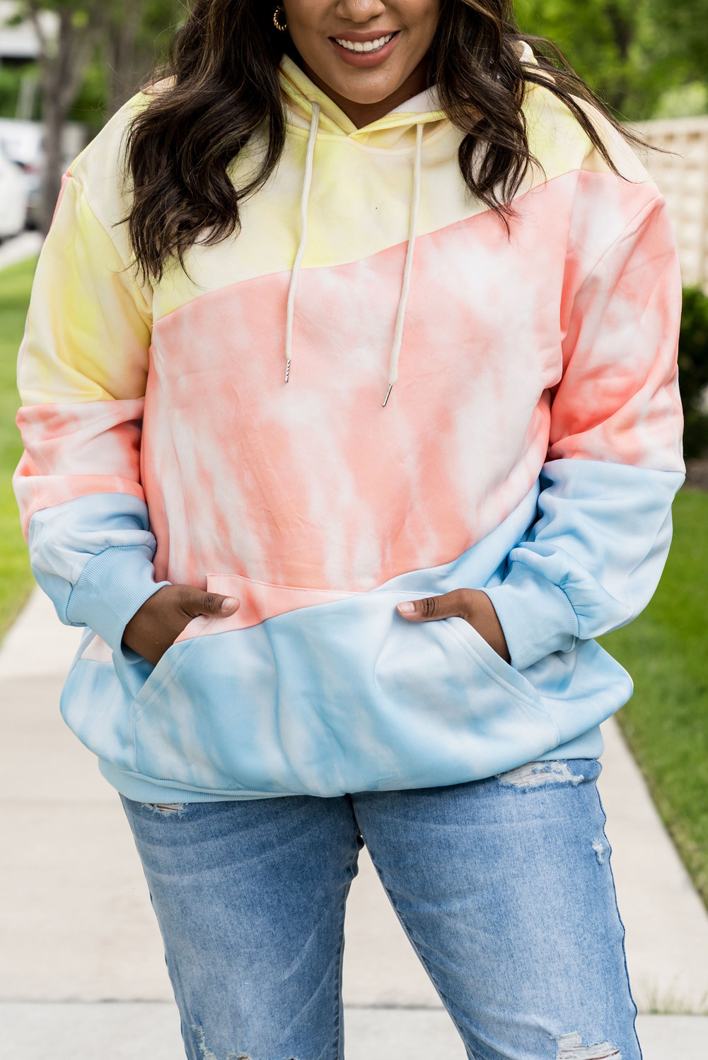 Light Blue Tie Dye Colorblock Kangaroo Pocket Plus Size Hoodie