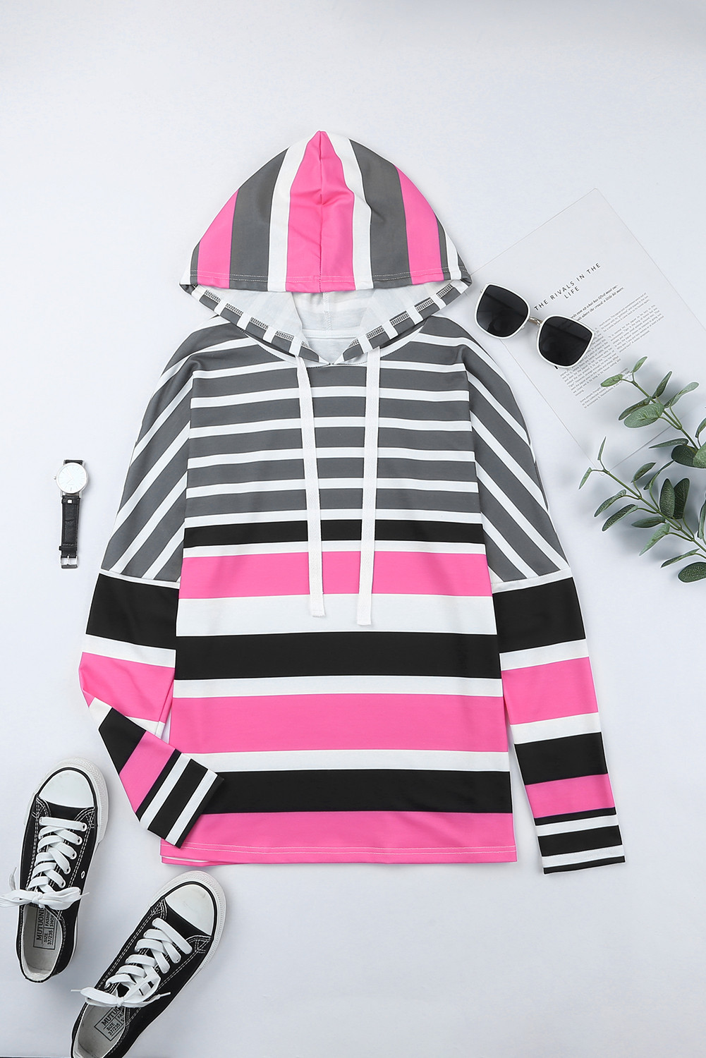 Rosy Striped Color Block Casual Drawstring Hoodie