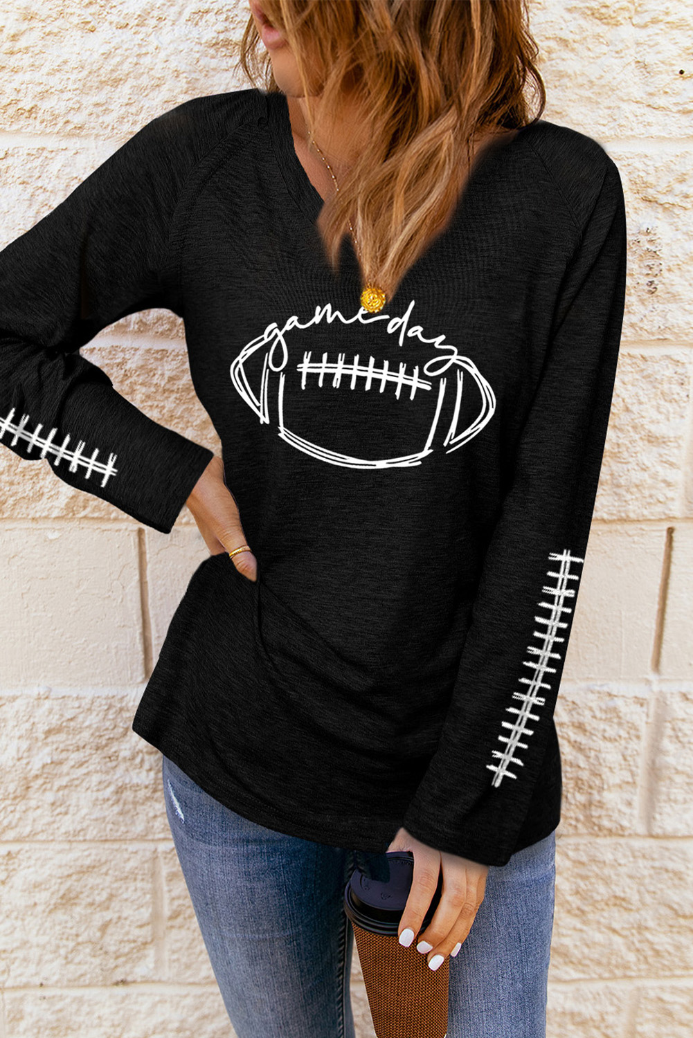 Dropshipping Black GAME Day Rugby V Neck Graphic Top