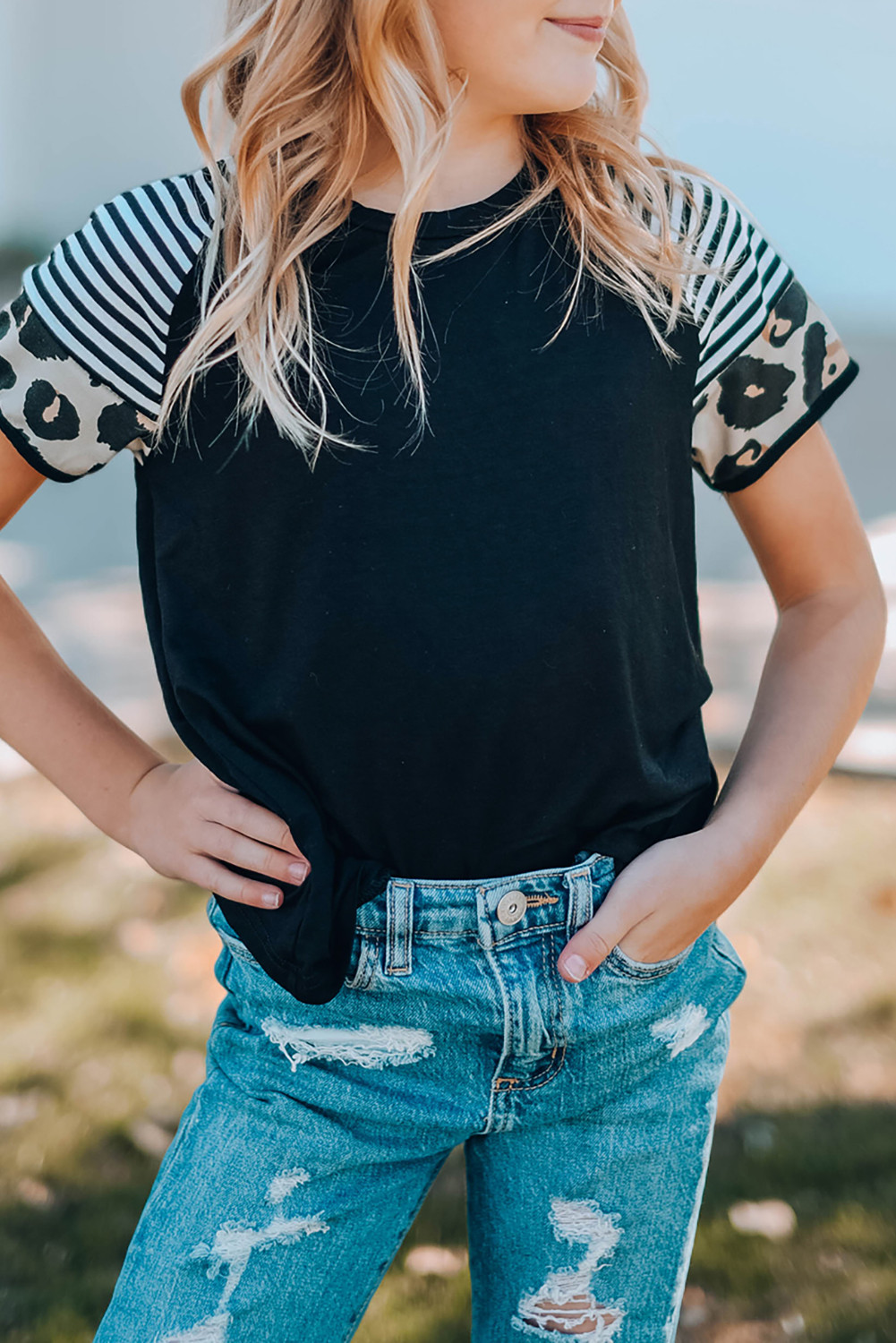 Black Casual Striped Leopard Sleeve T-Shirt For Kids
