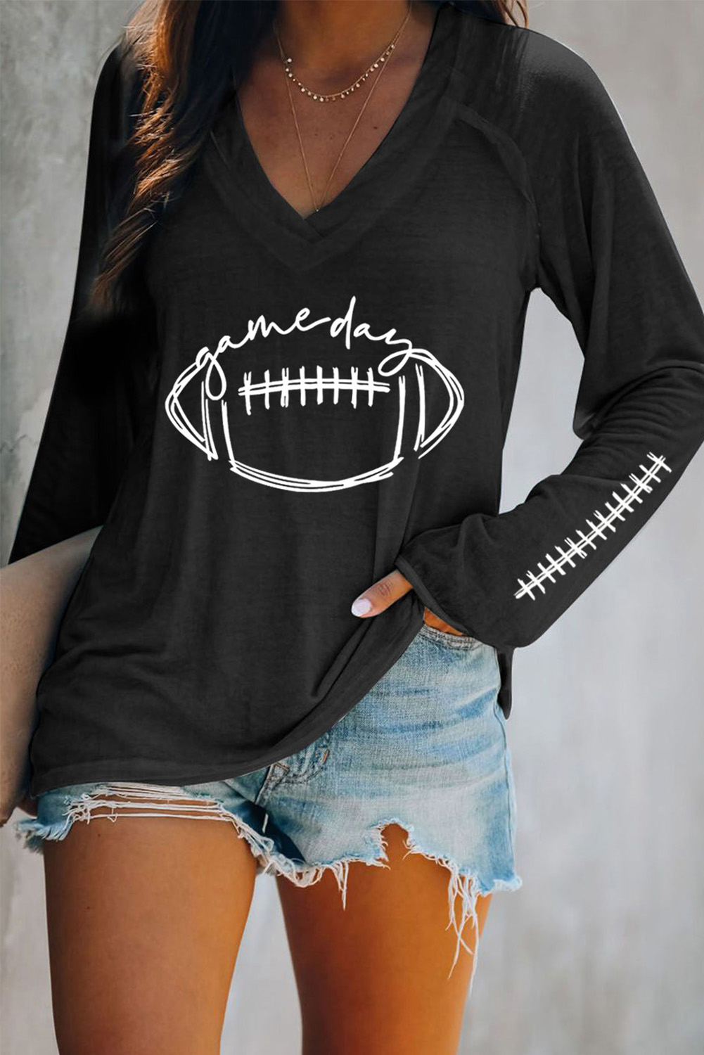 Wholesale Black GAME Day Rugby V Neck Graphic Top 