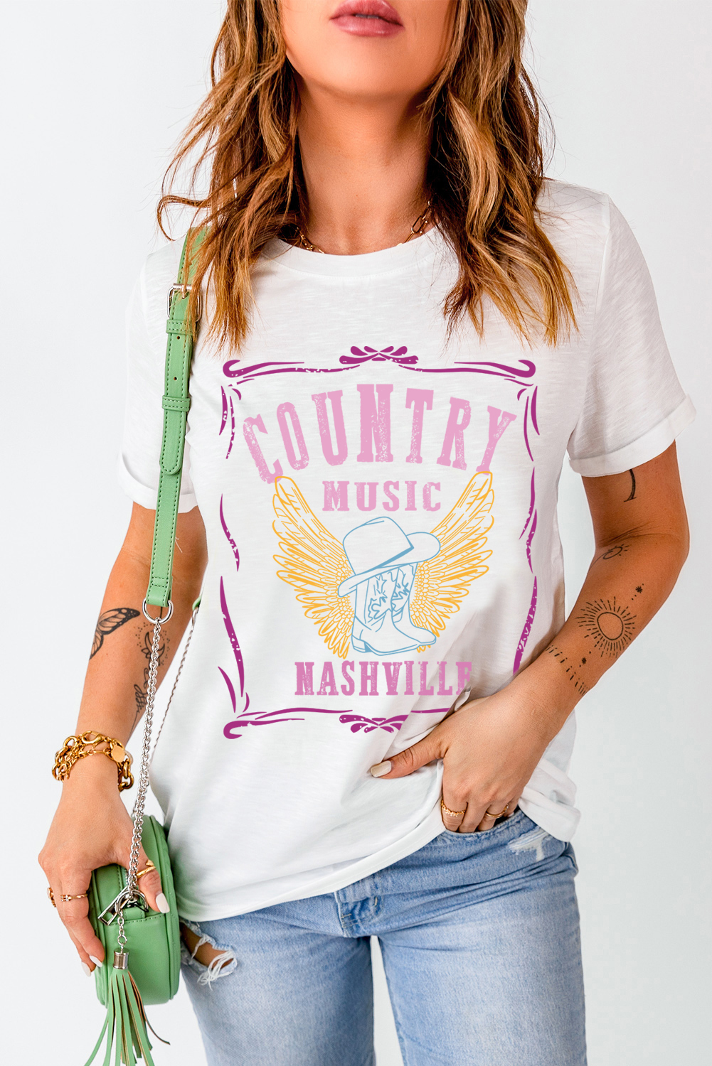 New arrivals 2023 White Country MUSIC Wings Print Casual Graphic T Shirt