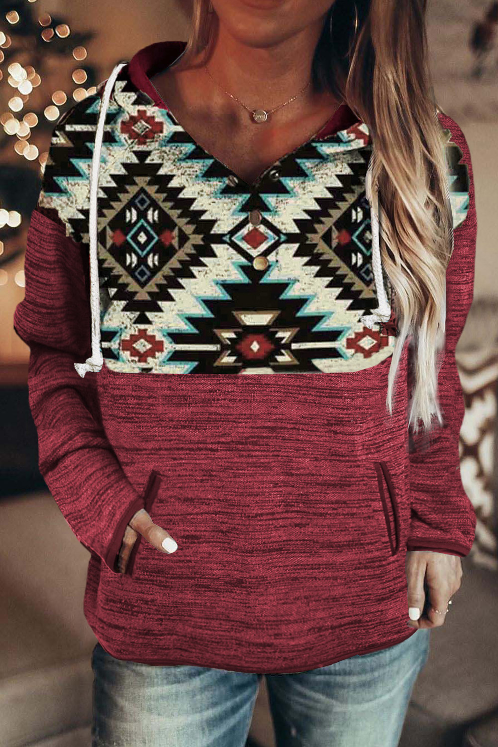 New arrivals 2023 Red Tribal Geometric Print HOODIES with Pocket