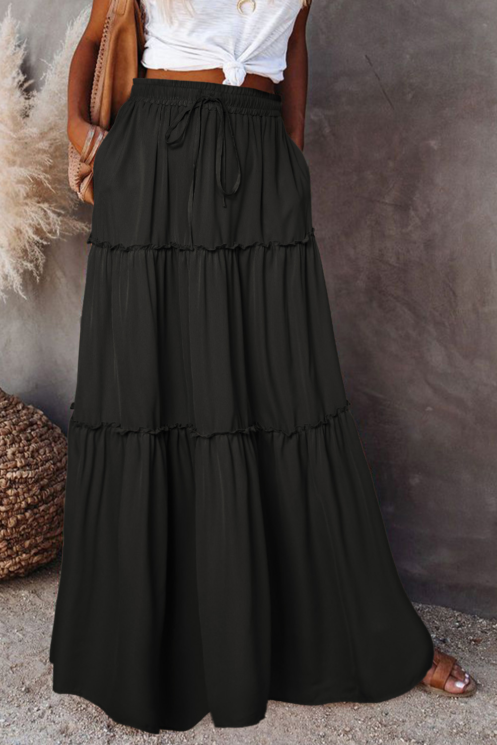 Black Casual Tiered Drawstring Elastic Waist Maxi Skirt