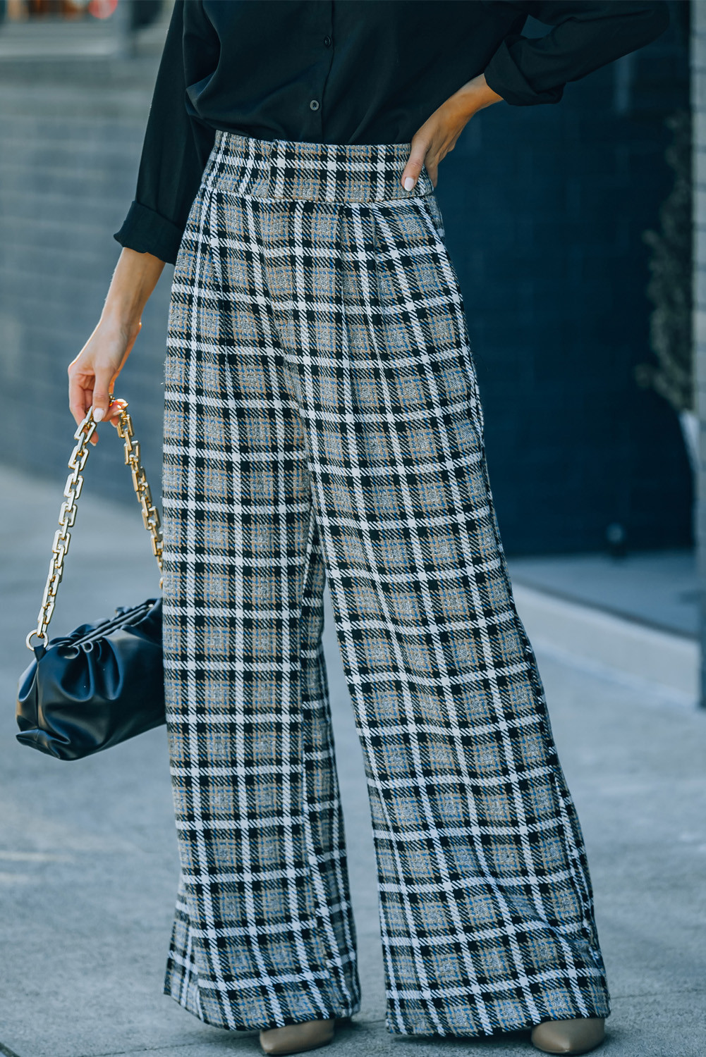 Black Plaid Casual Tweed Pocket Wide Leg Pants