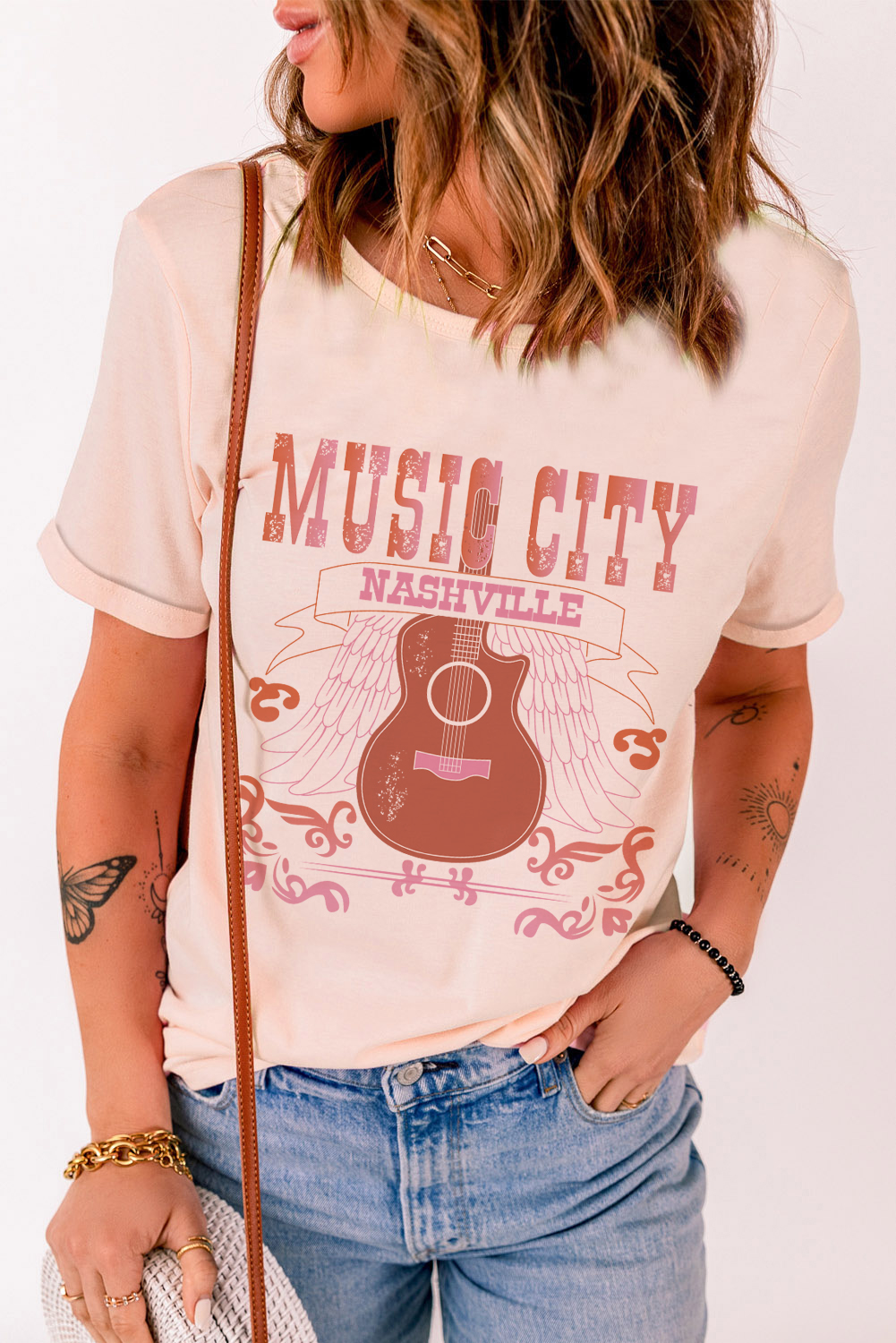 Dropshipping Pink MUSIC City Guitar Casual Graphic Tee