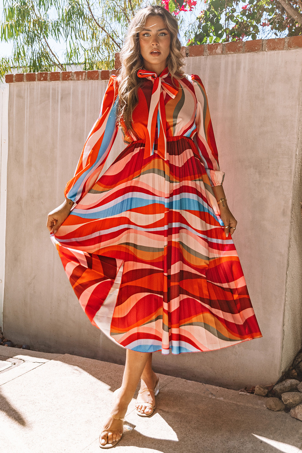Hot Pink Long Sleeve Silk Midi Pleated Dress