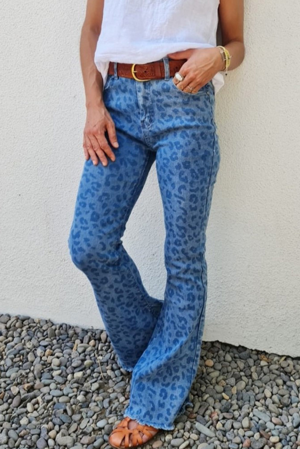 Light Blue Leopard Print Raw Hem High Waisted Flare Jeans