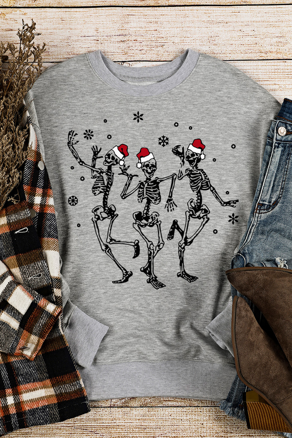 Dropshipping Grey Casual Christmas Skeleton SKULL Graphic Sweatshirt
