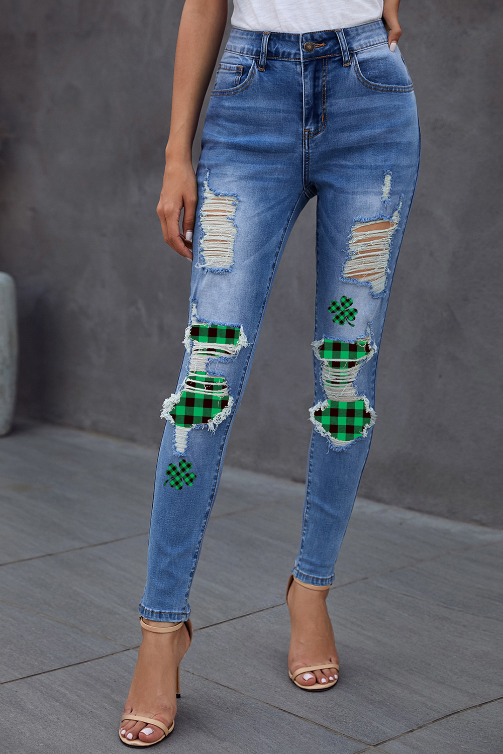 Dropshipping Blue Clover Print Green Plaid PATCHES Ripped Skinny Jeans 