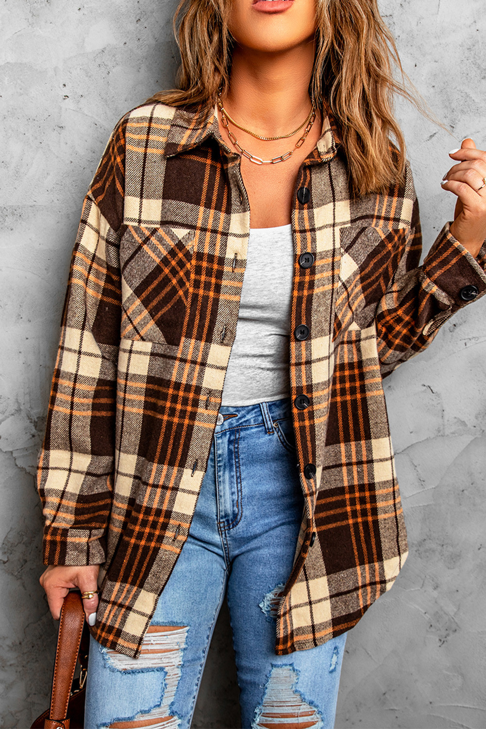 Brown Button Up Patch Pocket Casual Plaid Shirt for Women