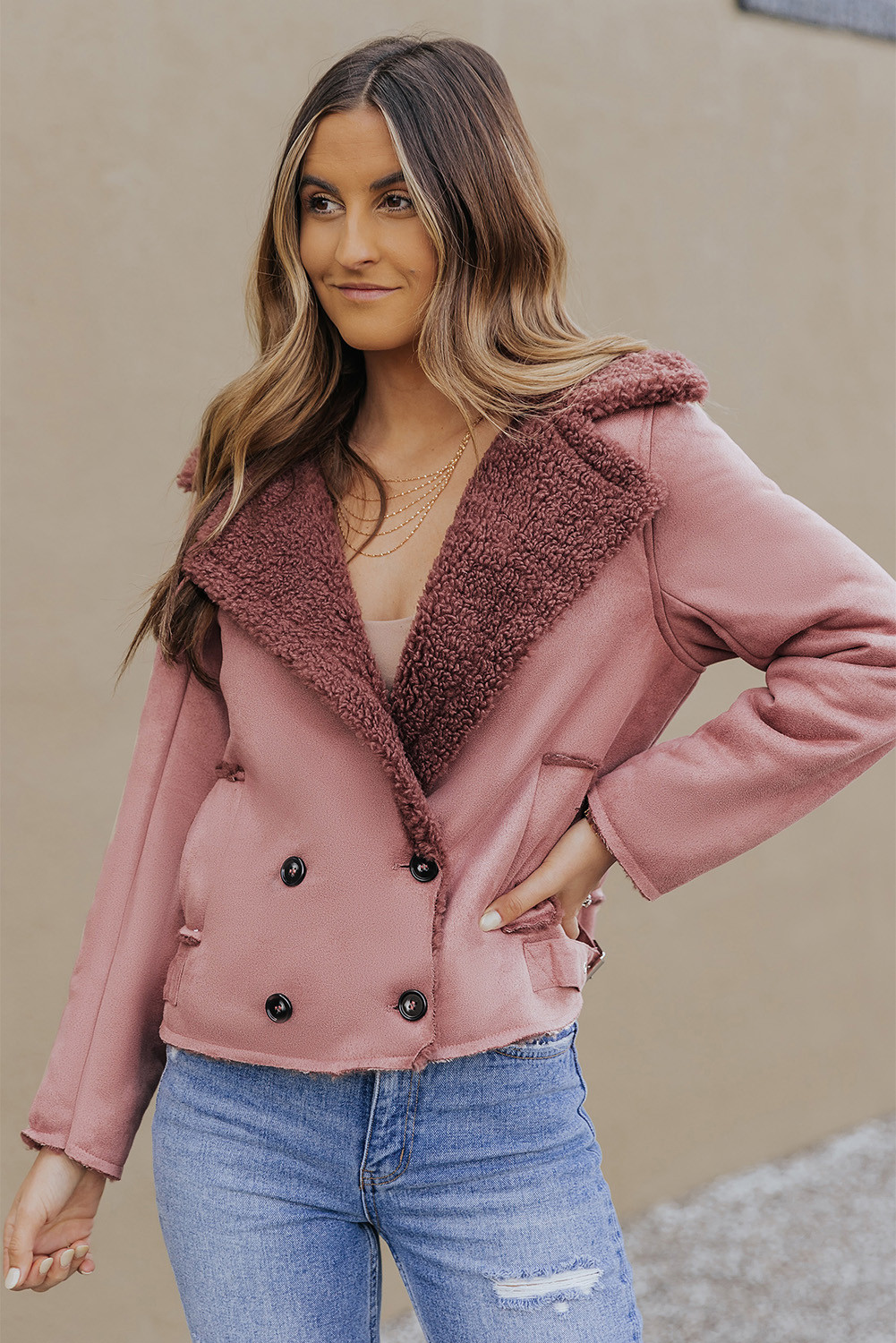 Pink Plush Lining Suede Double Breasted Cropped Jacket