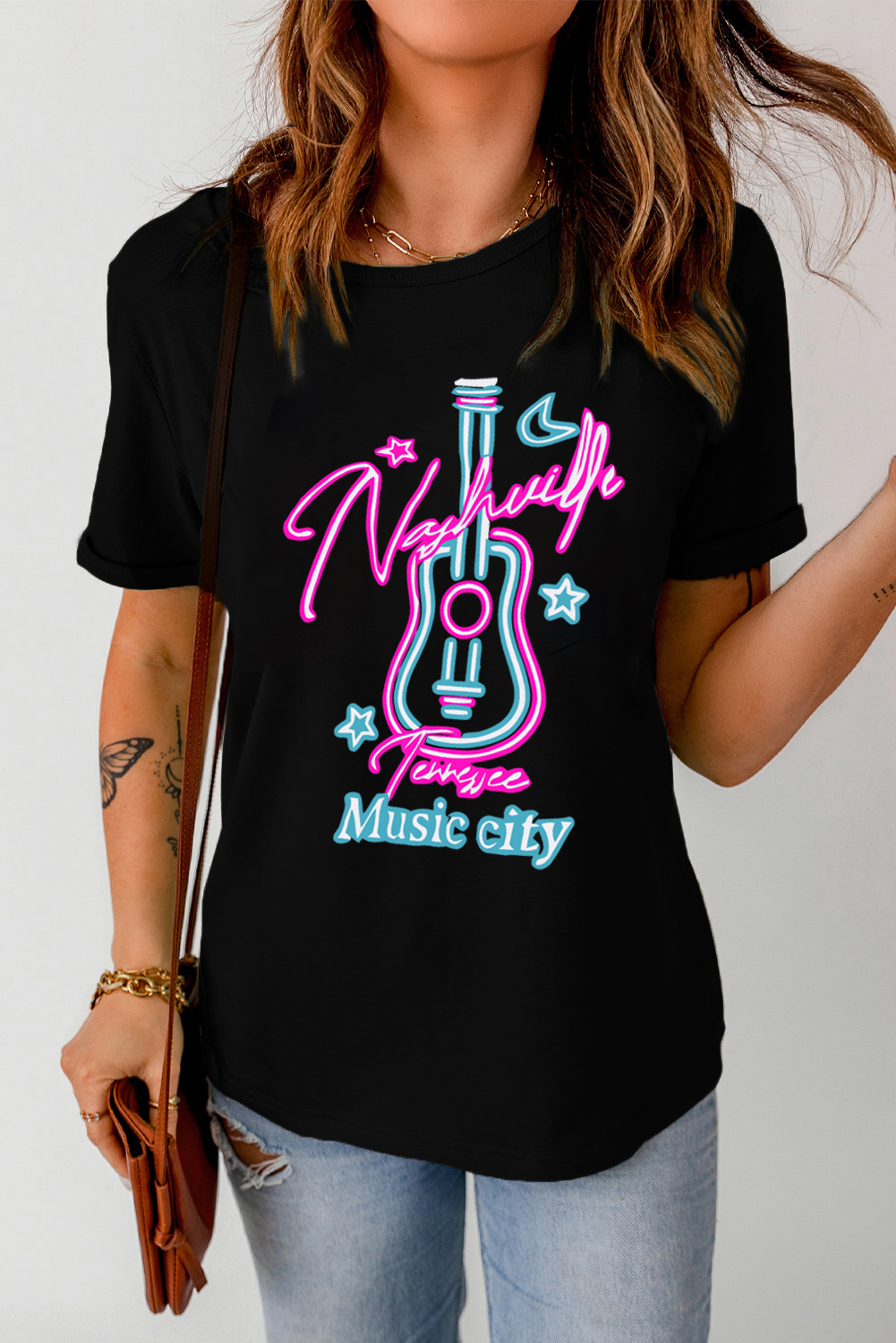 Dropshipping Black MUSIC City Guitar Print Casual Graphic T Shirt 