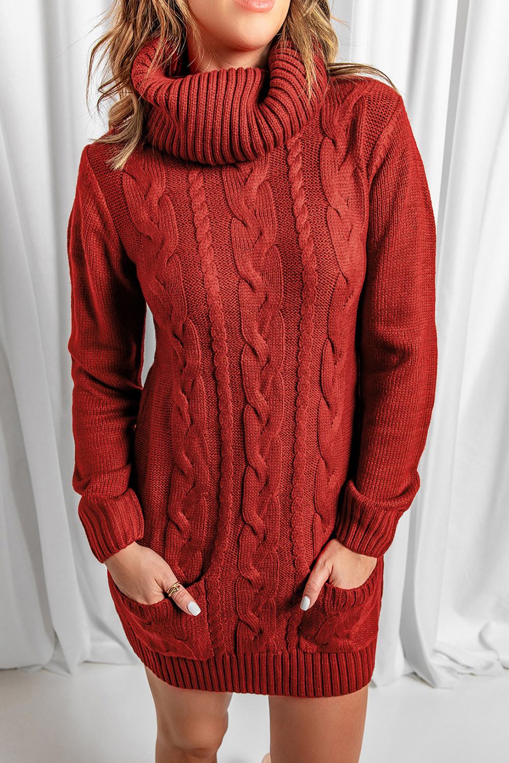 Red Cowl Neck Pocket Cable Knit Sweater Dress