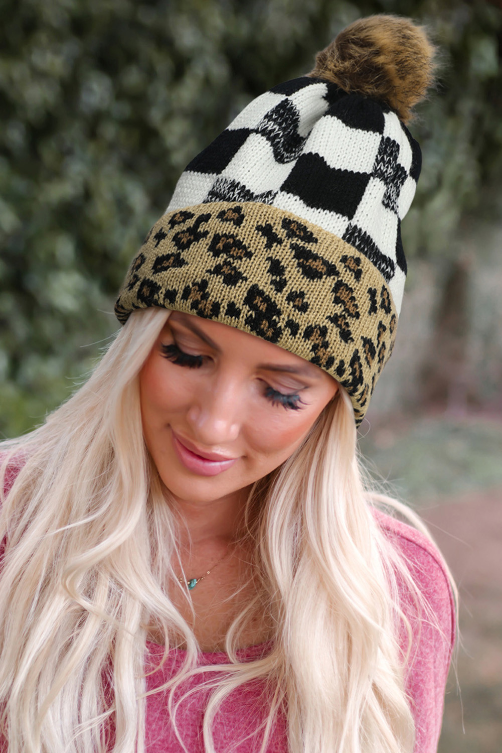 Black Plaid Leopard Pom Pom Winter Knit Beanie Hat