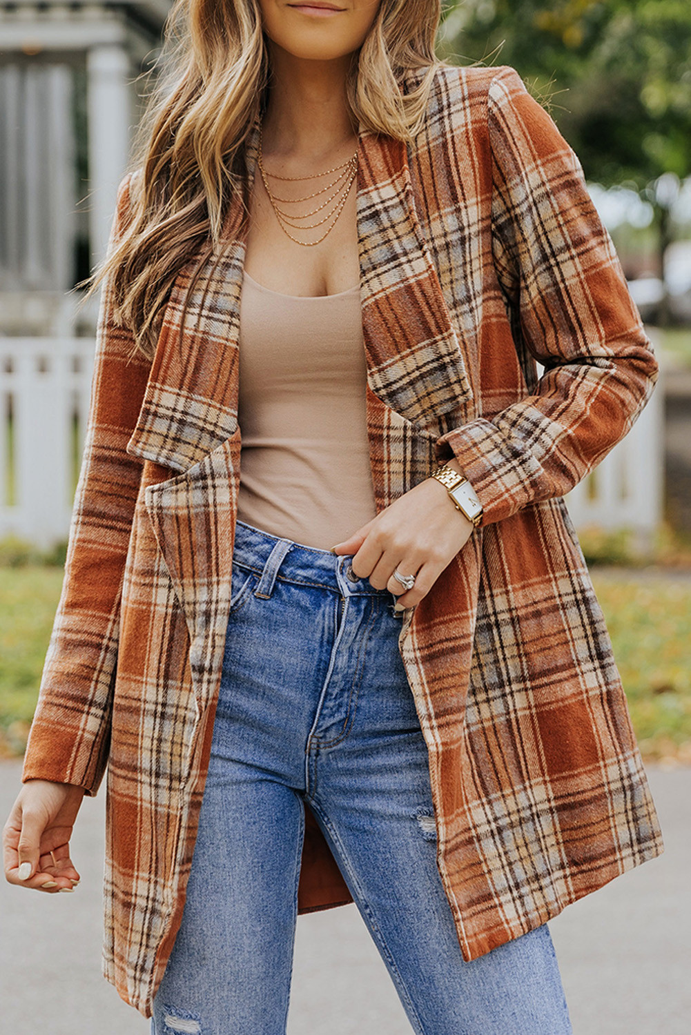 Orange Plaid Casual Lapel Collar Long Blazer