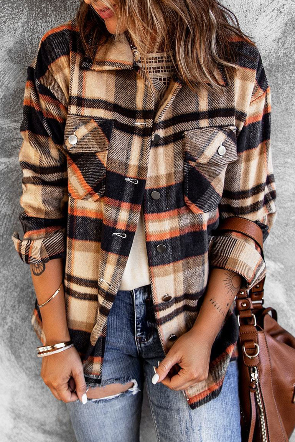 Wholesale Brown Plaid Button Up Long Sleeve Flannel JACKET 