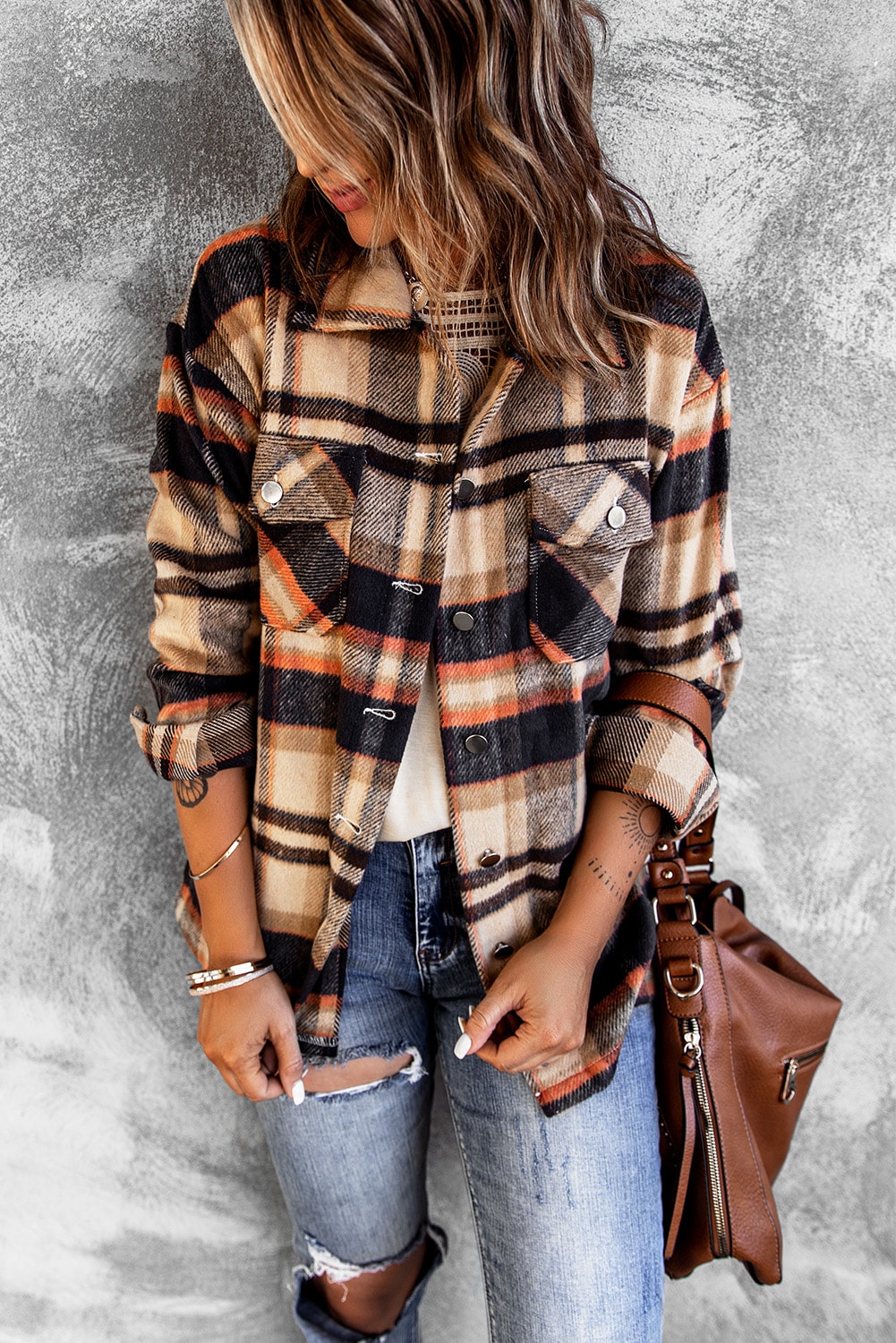 Dropshipping Brown Plaid Button Up Long Sleeve Flannel JACKET