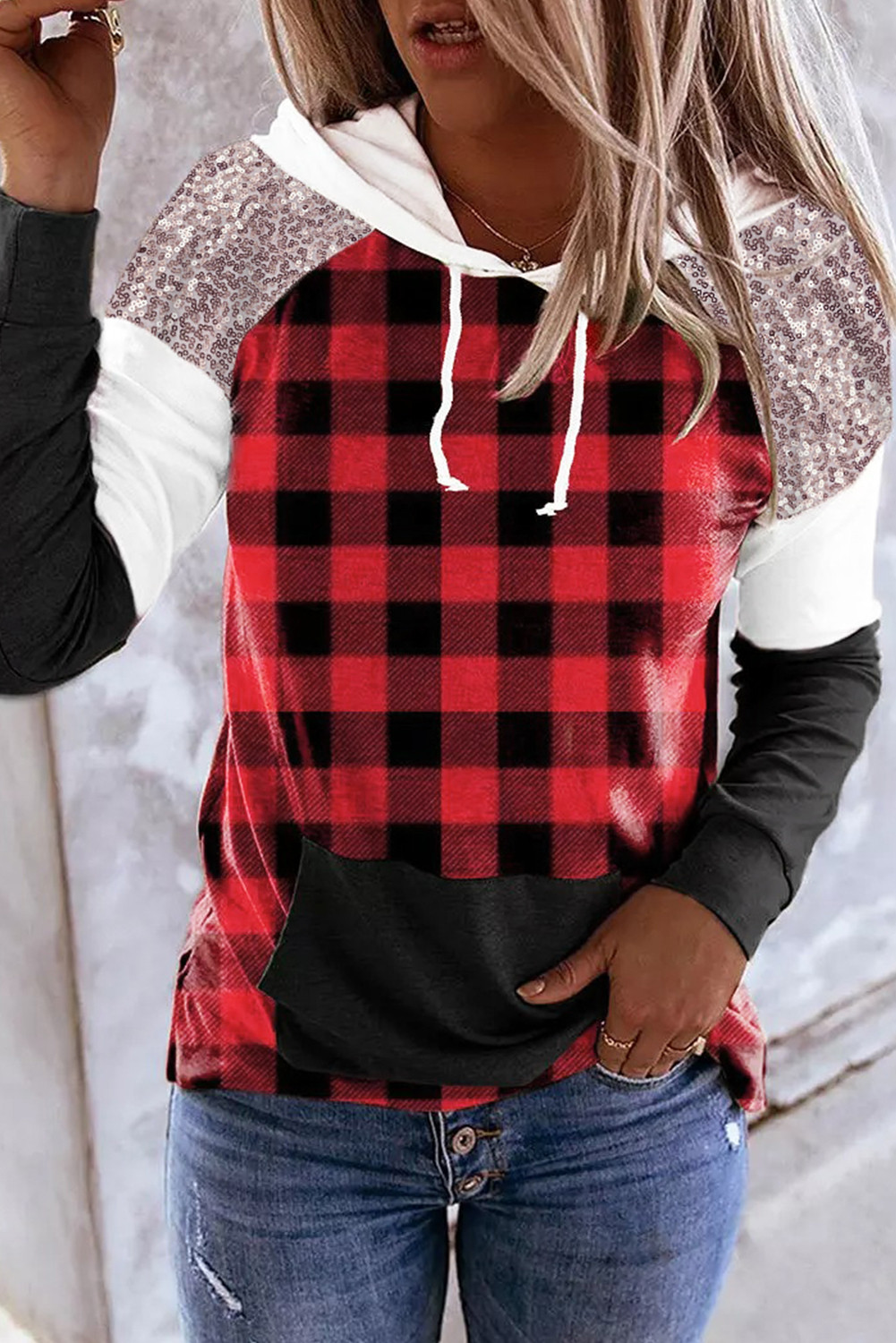 Red Sequin Splicing Plaid Colorblock Kangaroo Pocket Hoodie