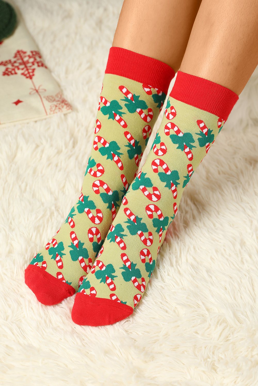 New arrivals 2023 Green Christmas CANDY Cane Knit Crew Socks
