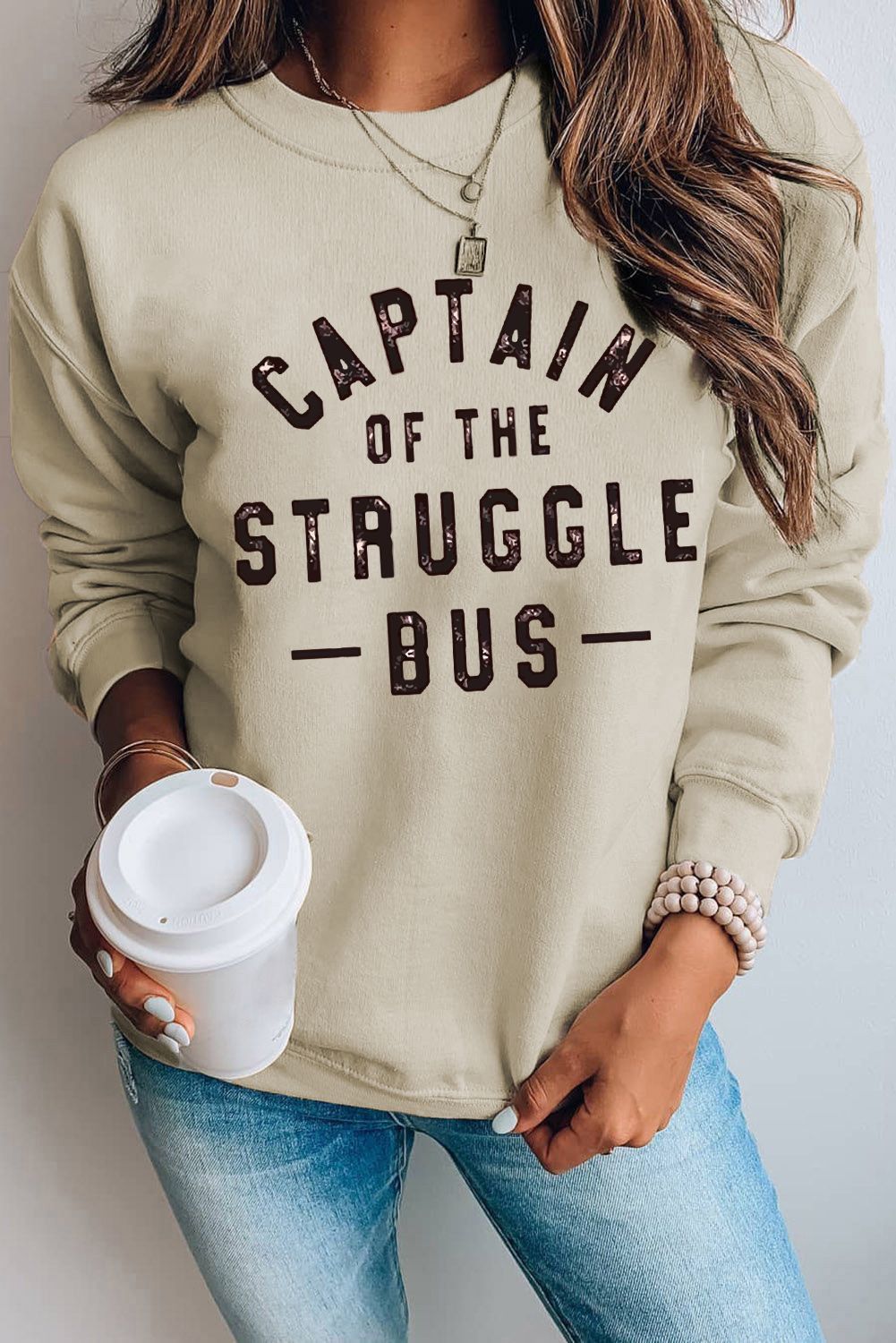 Khaki Captain Of The Struggle Bus Letter Print Graphic Sweatshirt